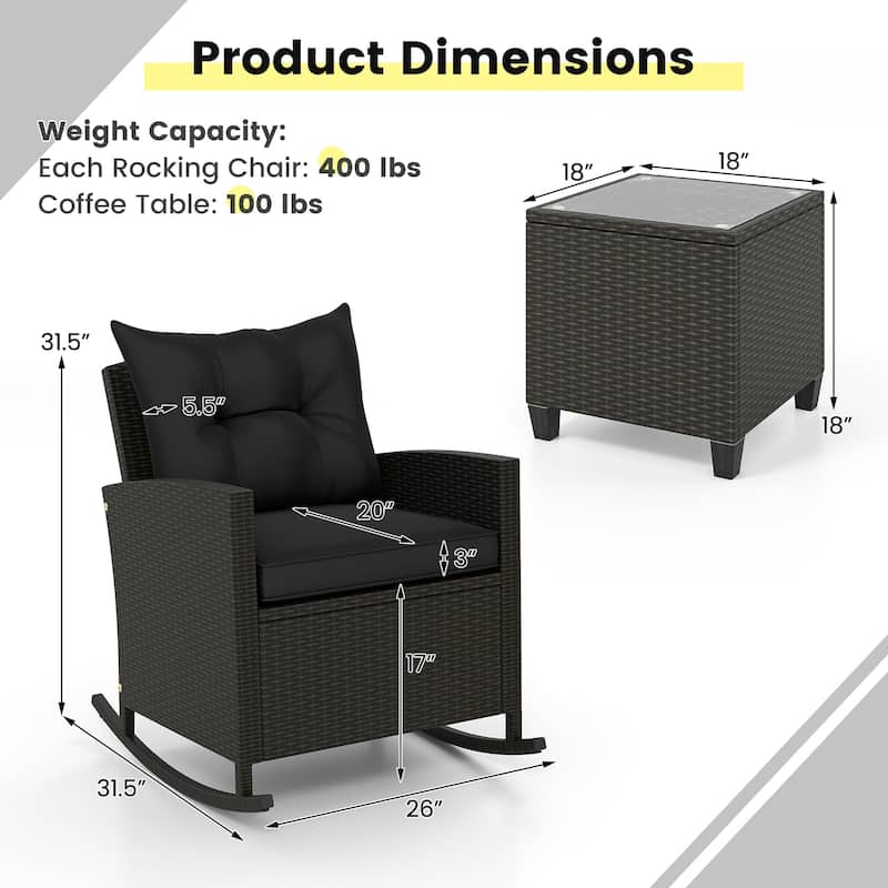 3-Pieces Patio Rattan Roker Chairs with Tufted Soft Cushions and Square Tempered Glass Table - 31.5" x 26" x 31.5"