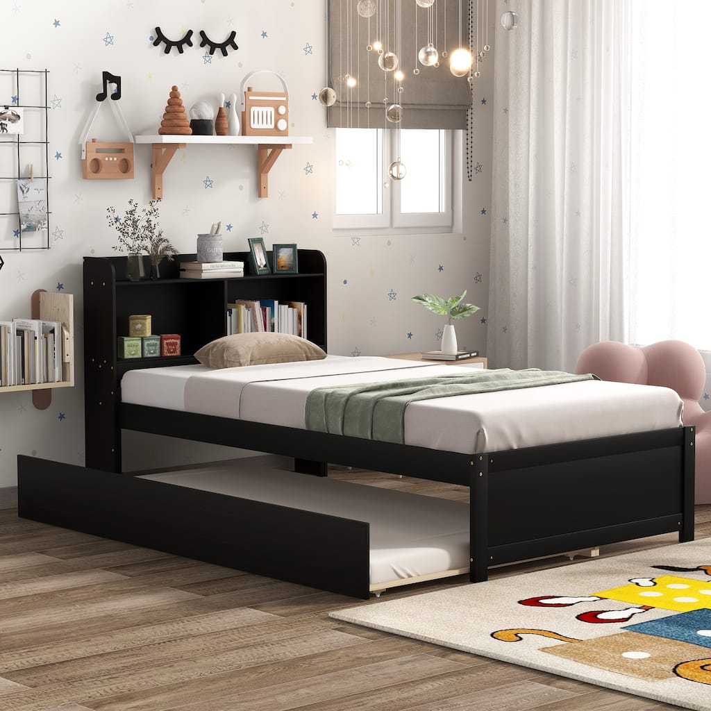 Space-Saving Twin Bed with Trundle and Storage Headboard in Espresso