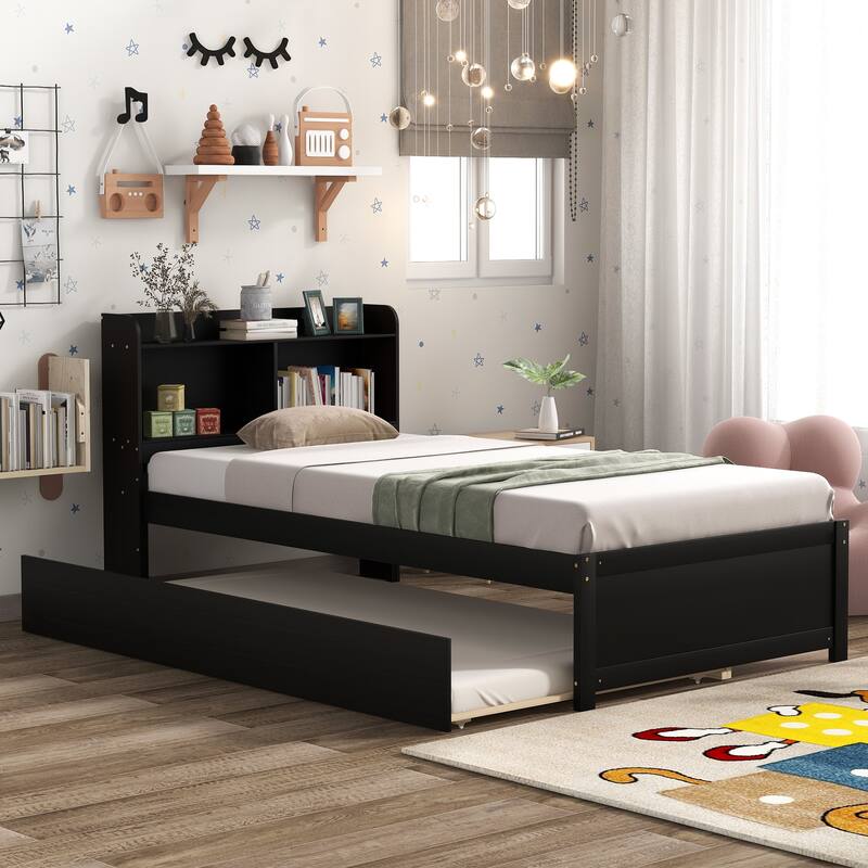 Twin/Full Bed with Trundle and Bookcase Headboard, Wood Storage Bed Frame with Shelves, No Box Spring