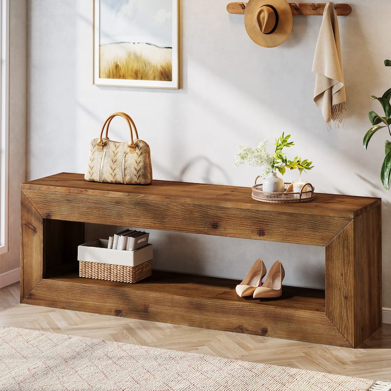 Solid Wood Entryway Bench, 47" Rustic Farmhouse Indoor Bench Seat with Storage Shelf for Entrance - Brown