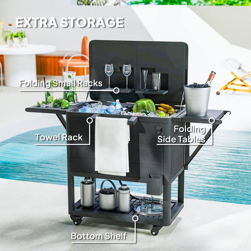 Patio Cooler Cart with Swivel Casters, Folding Lid, Bottle Opener, Towel Rack, Foldable Side Tables - 37" L x 22" W x 33.9" H