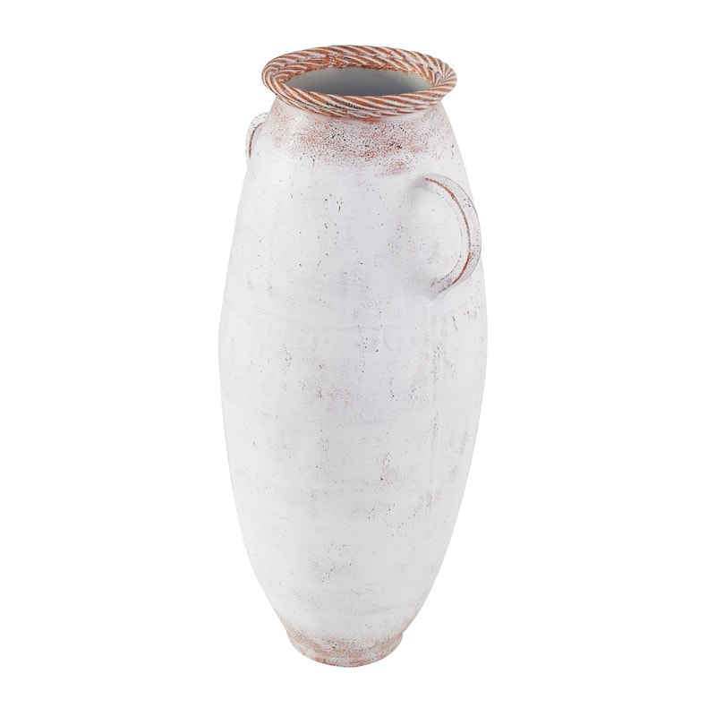 White Metal Vase with Antique Distressing and Terracotta Accents