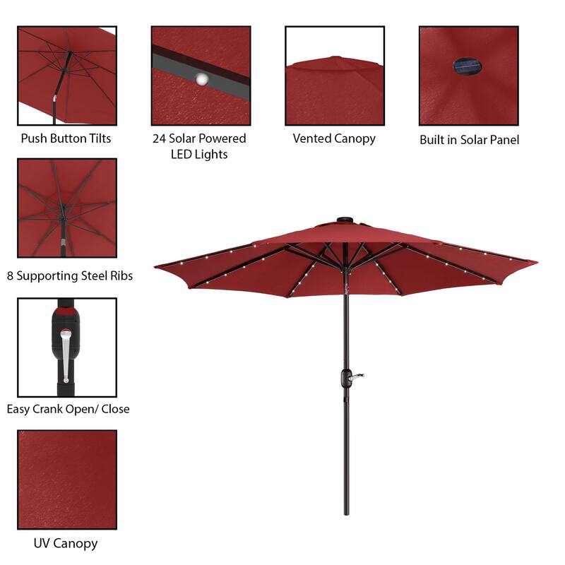 Lighted Patio Shade 9 Ft Outdoor Umbrella with 19lbs Weighted Base, Solar Powered LED by Villacera