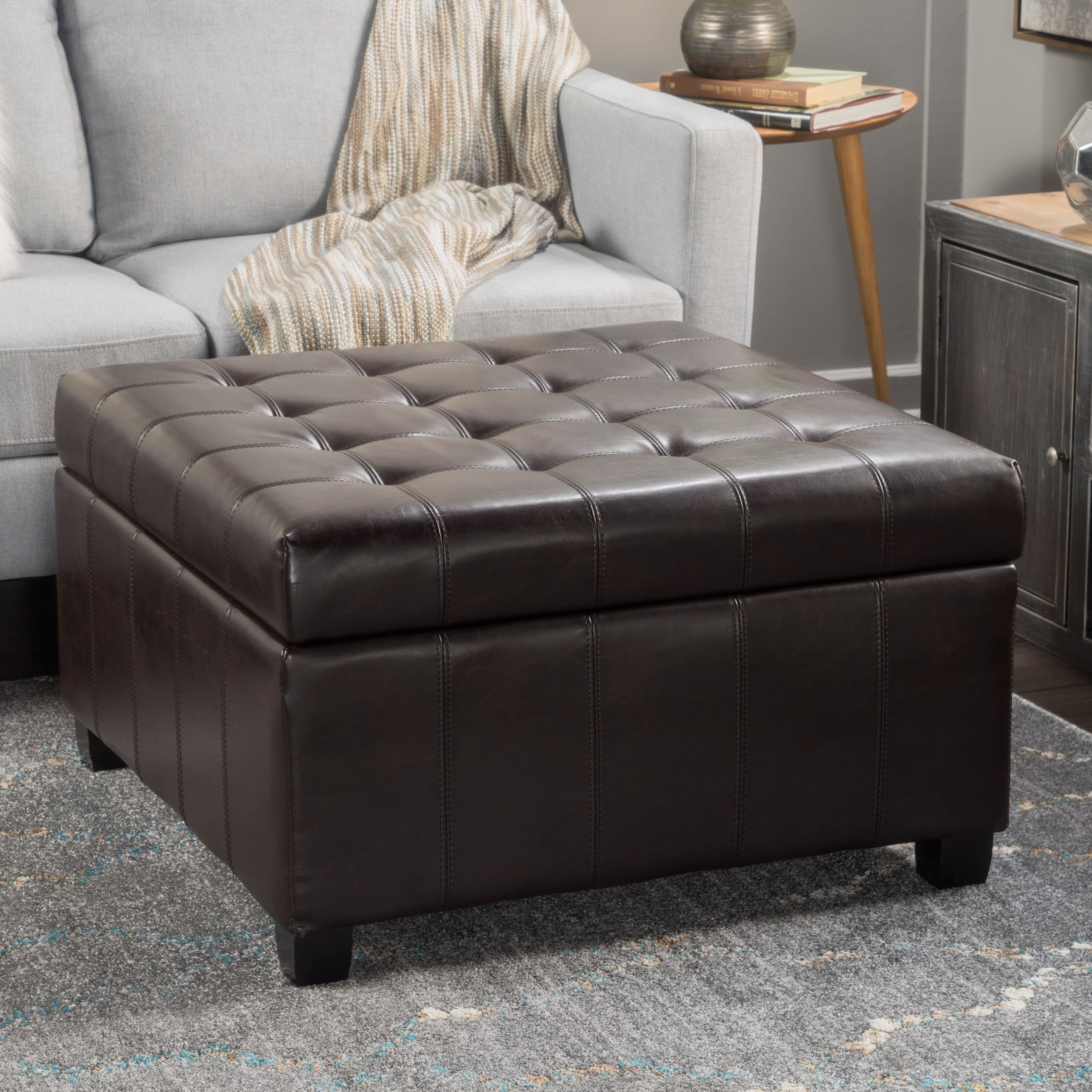 Alexandria Contemporary Tufted Bonded Leather Storage Ottoman by Christopher Knight Home