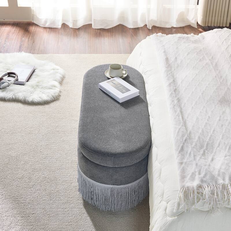 Oval Upholstered Storage Ottoman with Fringe Trim & Lift-Top Lid - 39"L x 16"W x 17"H,Multi-Functional Footrest & Hidden Storage