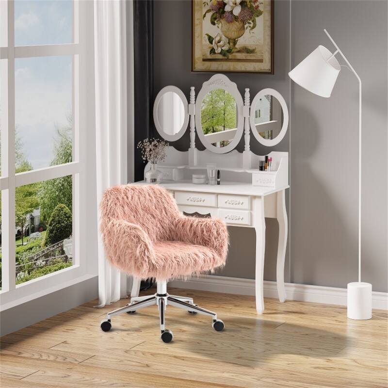 Pink Faux Fleece Swivel Office Desk Chair with Silver Metal Base and Adjustable Height for Home