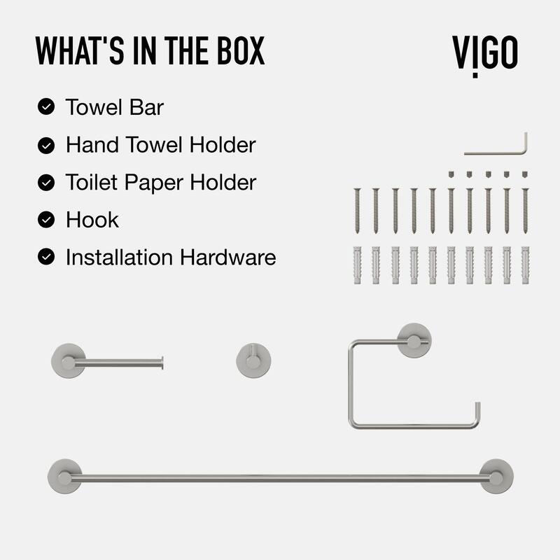 VIGO Cass 4-Piece Bathroom Hardware Accessory Set with 24 in. Towel Bar, Toilet Paper Holder, Hand Towel Holder, Hook