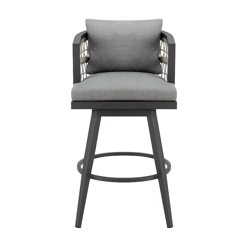 Zella Outdoor Patio Swivel Counter Stool in Aluminum with Rope and Cushions
