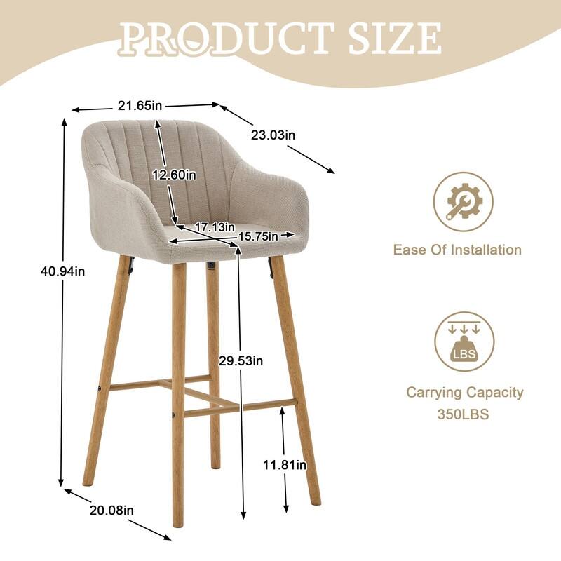 Linen Upholstered Ergonomically Designed Solid Wood Leg Tall Bar Stools(set of 2)