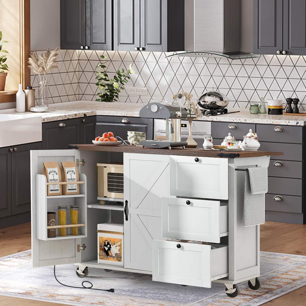 54.5-inch Farmhouse Kitchen Island with Rolling Kitchen Cart on Wheels, Folding Breakfast Bar with Electrical Outle-White/Black
