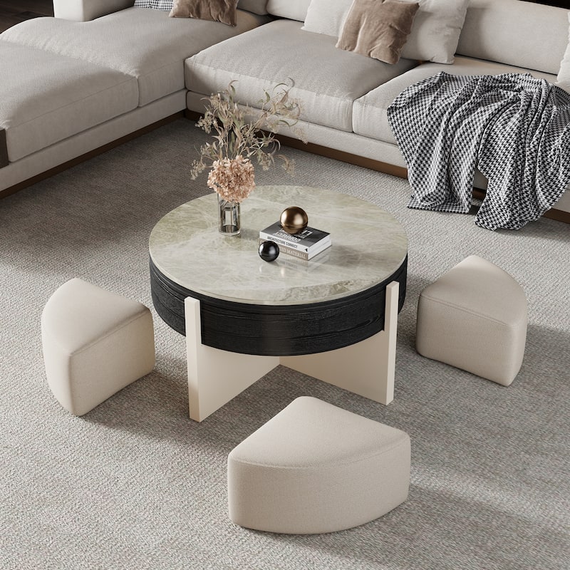 31.5" Modern Coffee Table, Lift Top Coffee Table with 3 Ottomans, Black - 31.5" X 31.5"