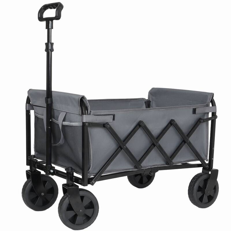 All-in-One Convertible Folding 4-Wheel Trolley with Bench Seat and Dog Leash - Heavy Duty Foldable Utility Trolley for Camping