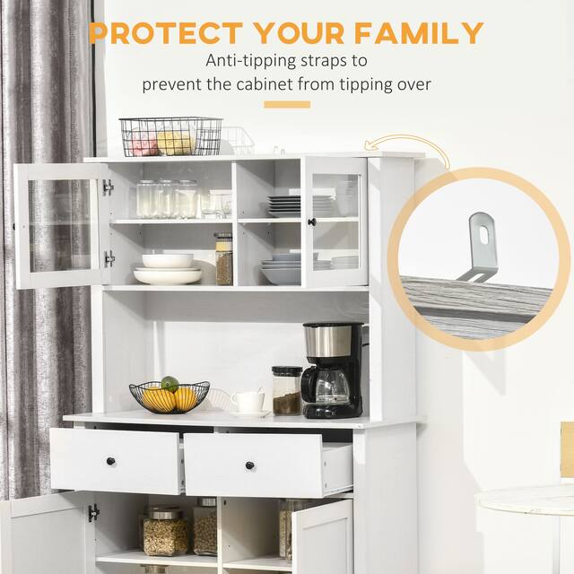 HOMCOM 63.5" Kitchen Buffet with Hutch, Pantry Storage Cabinet with 4 Shelves, Drawers, Framed Glass Doors