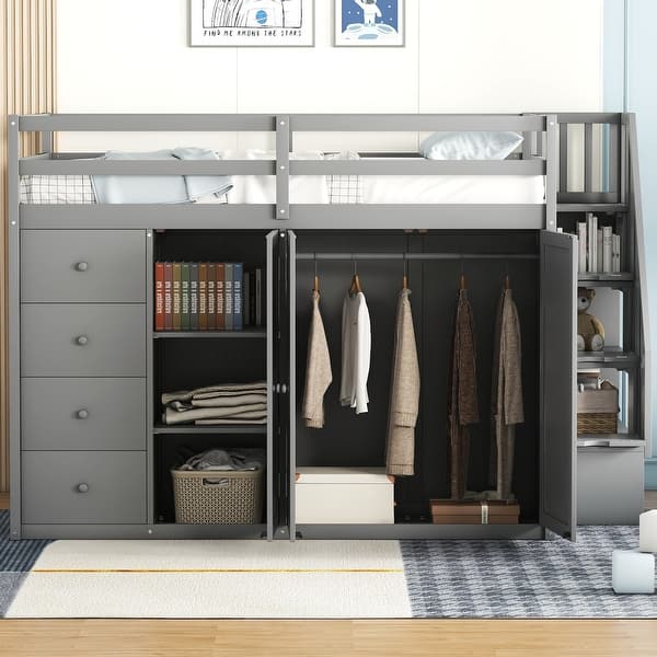 slide 2 of 19, Full Size Loft Bed Maximize Space Storage Bed Grey Wood Loft Bed Frame with Wardrobes & Cabinet, Storage Stairs & 4 Drawers Grey - Full