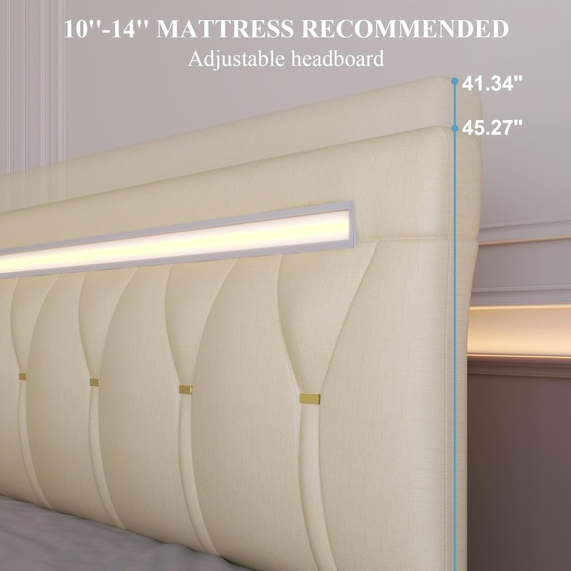 Full Bed Frame with LED Light & Charging Station, Platform Bed Frame Full Size with Adjustable Headboard/Wooden Slat Support
