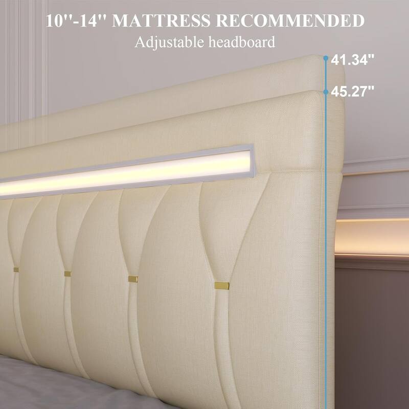 King/Queen/Full Upholstered Platform Bed with LED Lights & Charging Station, Adjustable Headboard, Wood Slat Support