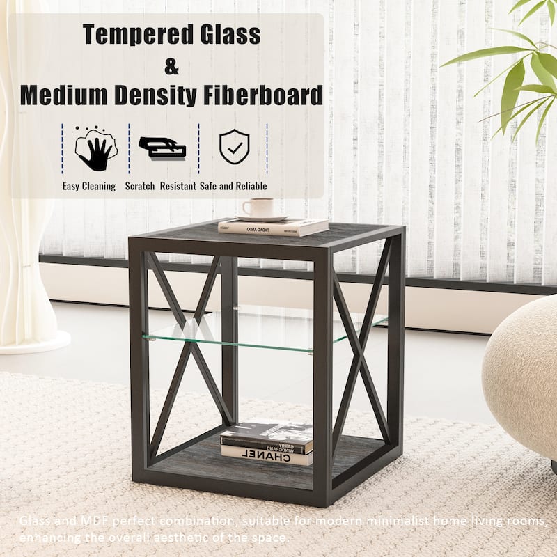1 Piece Modern End Table Nightstand, Tempered Glass&Natural Wood Mdf Top,Industrial Style Side Table