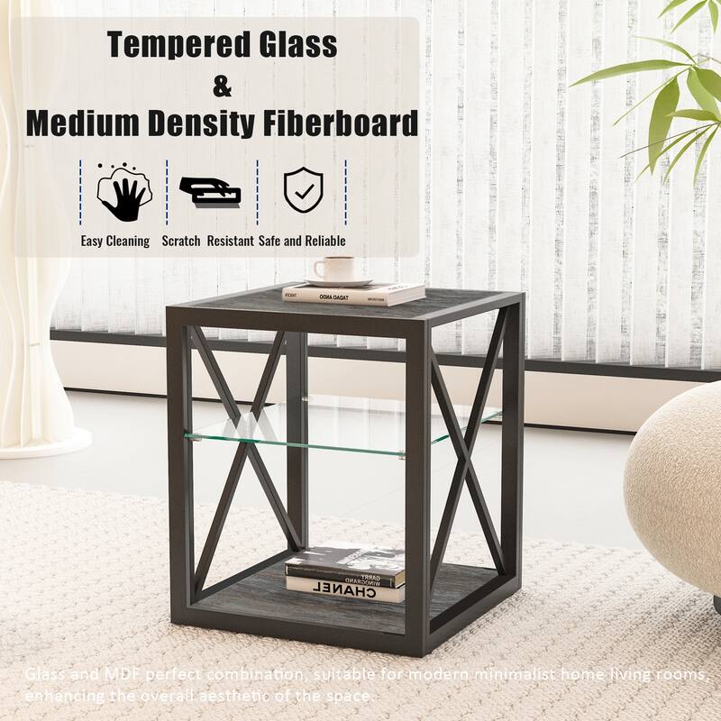 Anmytek Industrial 3 Tier Side Table with Glass Shelf Black Metal End Table for Living Room
