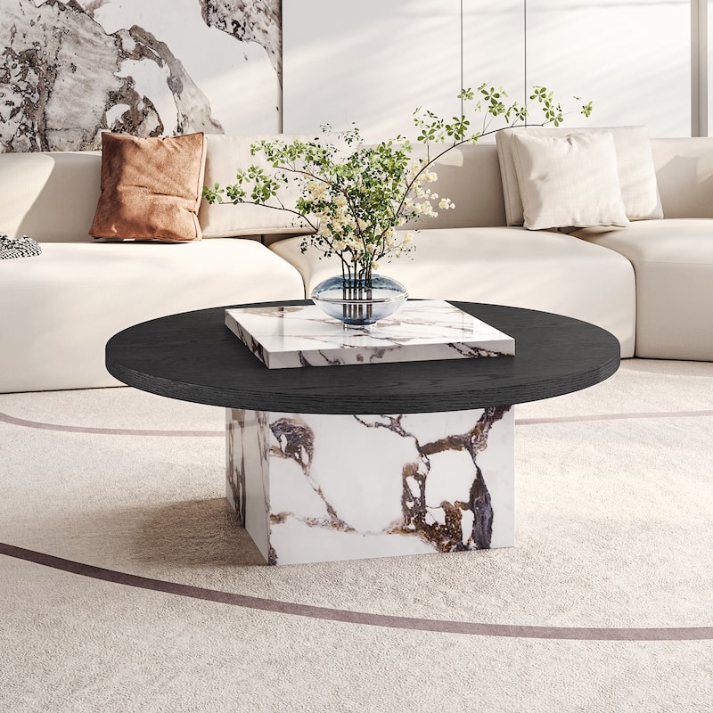 35.43" Round Solid Wood Coffee Table, with Glossy Square Faux Mable Table top