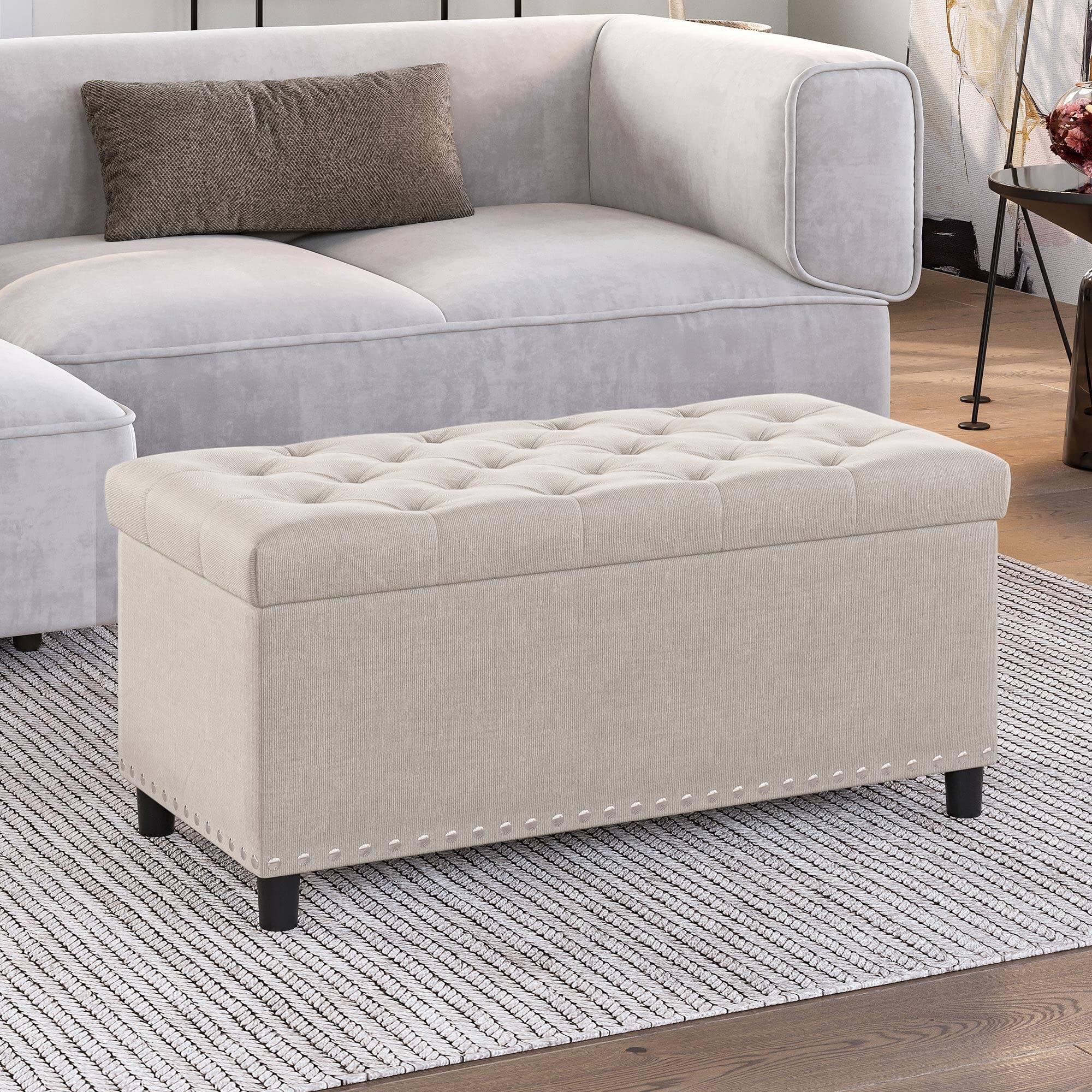 ButtonTufted Ottoman Linen Storage Bench with Safety Close Hinge for
