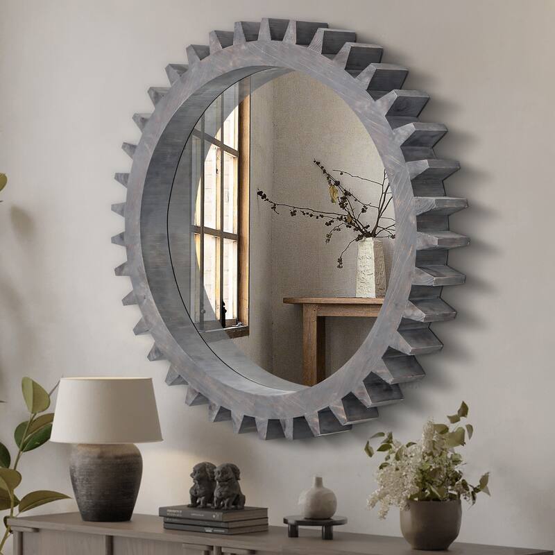 Roomfitters 42" Extra Large Round Gear Wall Mirror, Industrial Wood Accent Mirror for Living Room & Entryway, Dark Brown - Dark Brown