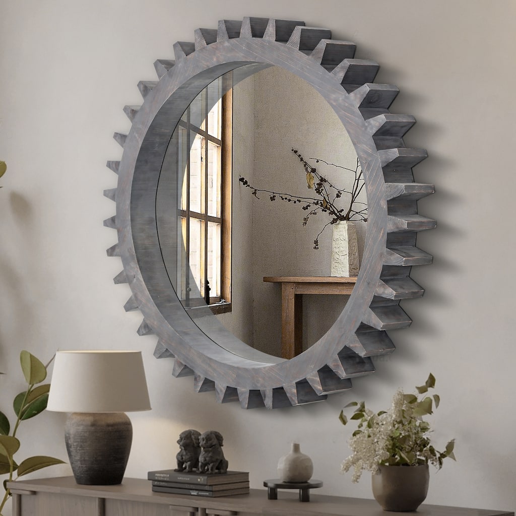 Roomfitters 42" Extra Large Round Gear Wall Mirror, Industrial Wood Accent Mirror for Living Room & Entryway, Dark Brown