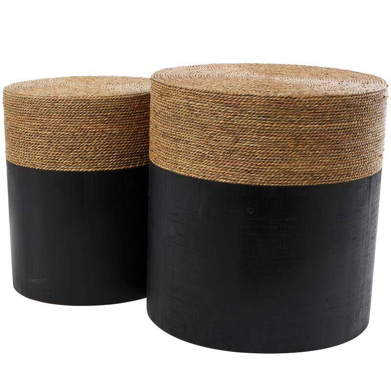 Black Wood Handmade Colorblock Wrapped Accent Table with Dried Plant Tabletops (Set of 2)