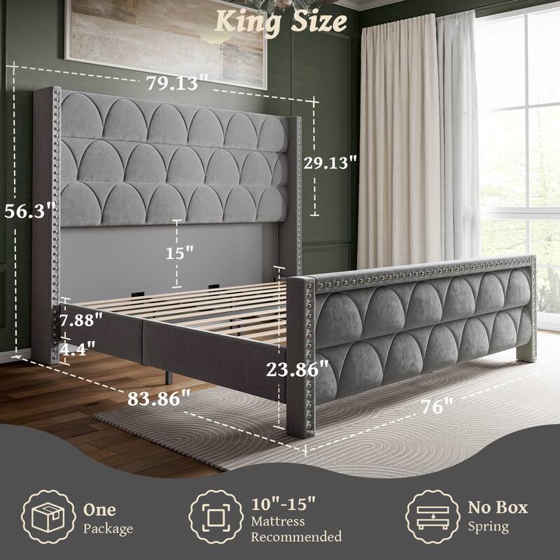 Hansabenne King Size Upholstered Platform Bed Frame Velvet Wood Bed Frame with Headboard