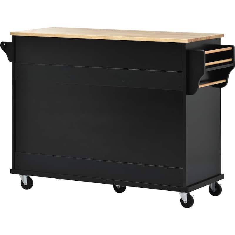 Kitchen Island with on Locking Wheels, Rolling Cart with Rubber Wood Desktop, Mobile Island with 3 Open Shelves & 5 Drawers
