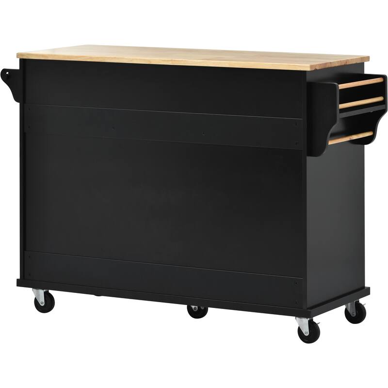 Rolling Kitchen Island Cart with Rubber Wood Top, 5 Drawers, Storage Cabinet & Adjustable Shelves - 53" Black