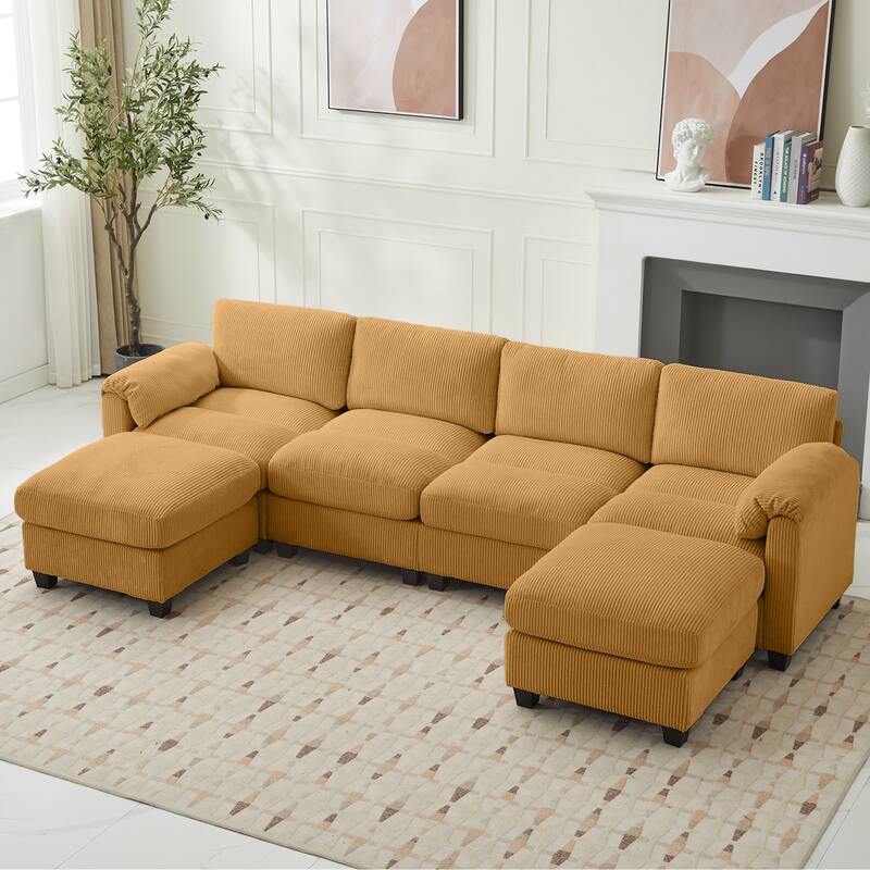 Corduroy Sectional Sofas with 2 Removable Ottomans, U-shaped Symmetrical 6-Seat Modular Couch