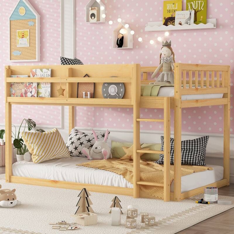 Roomfitters Twin Over Twin Bunk Bed, Low Floor Loft Platform Bed and Shelf with Wooden Frame for Bedroom - Natural - Twin