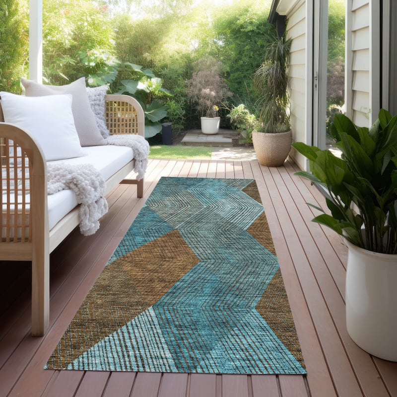 Machine Washable Indoor/ Outdoor Diamond Stripes Chantille Rug - Teal - 2'3" x 7'6"