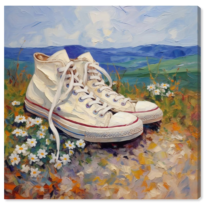 Wynwood Studio Canvas Fashion and Glam Sneakers Lost in a Field Blue and Cream White Rustic Wall Art Canvas Print