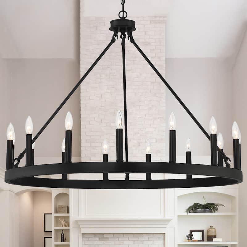 Acroma 15-light Farmhouse Large Wagon Wheel Candle Chandelier with UL Certified - D40'' * H130'' - Black