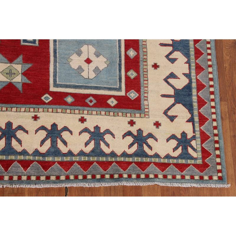 Light Blue Geometric Kazak Area Rug Living Room Handmade Wool Carpet - 6'4" x 9'10"