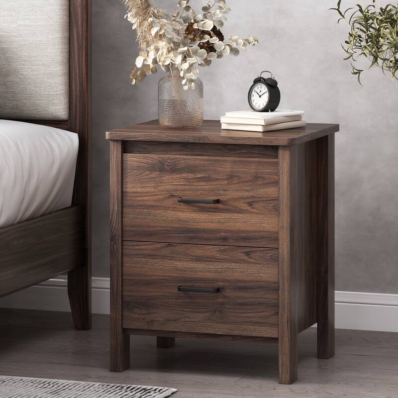 Faux Wood Finish Cupboard Cabinet, Bedroom Nightstand Living Room Display Cabinet with 2 Drawers, Chest Storage Side Bedside