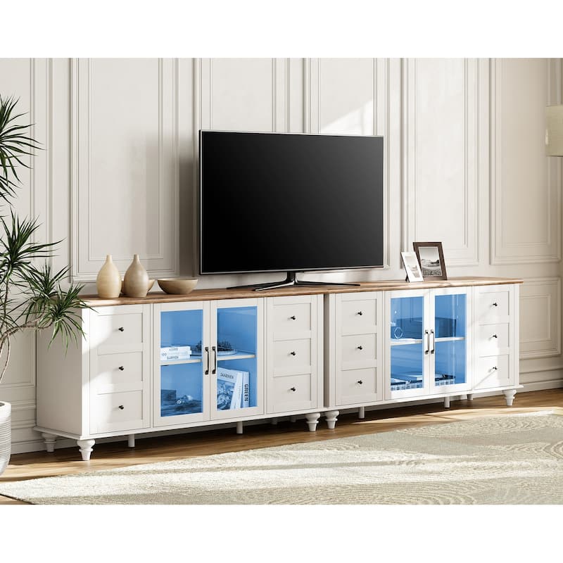 WAMPAT Farmhouse 2 in 1 TV Stand with Glass Door for up to 110" TVs, Modern Entertainment Center with LED Light - 116'' - White&Blue Light