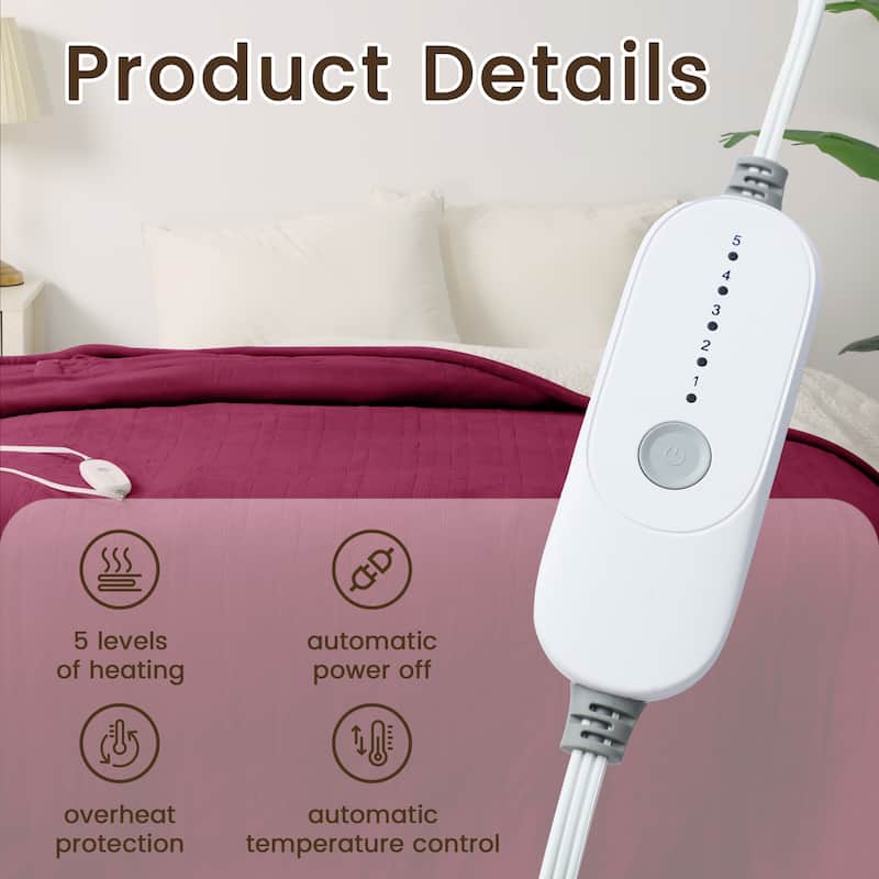 Reversible Flannel and Sherpa Electric Heated Blanket with Adjustable Heat and Auto Shut-Off