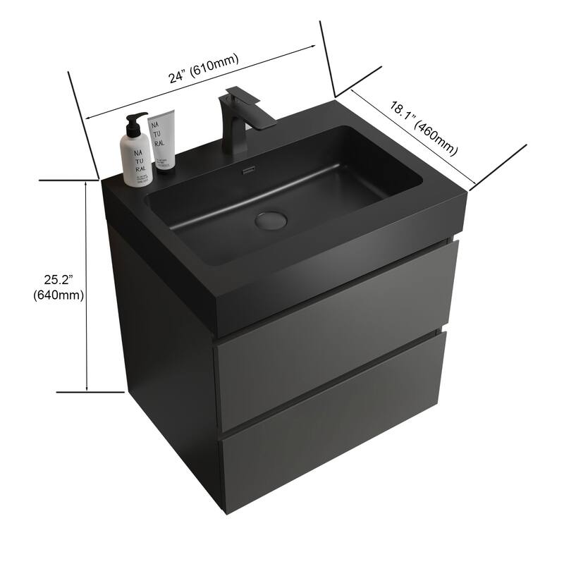 24"Bathroom Vanity with Sink,Storage Wall Mounted Floating Bathroom Vanity,One-Piece Black Sink Basin without Drain and Faucet