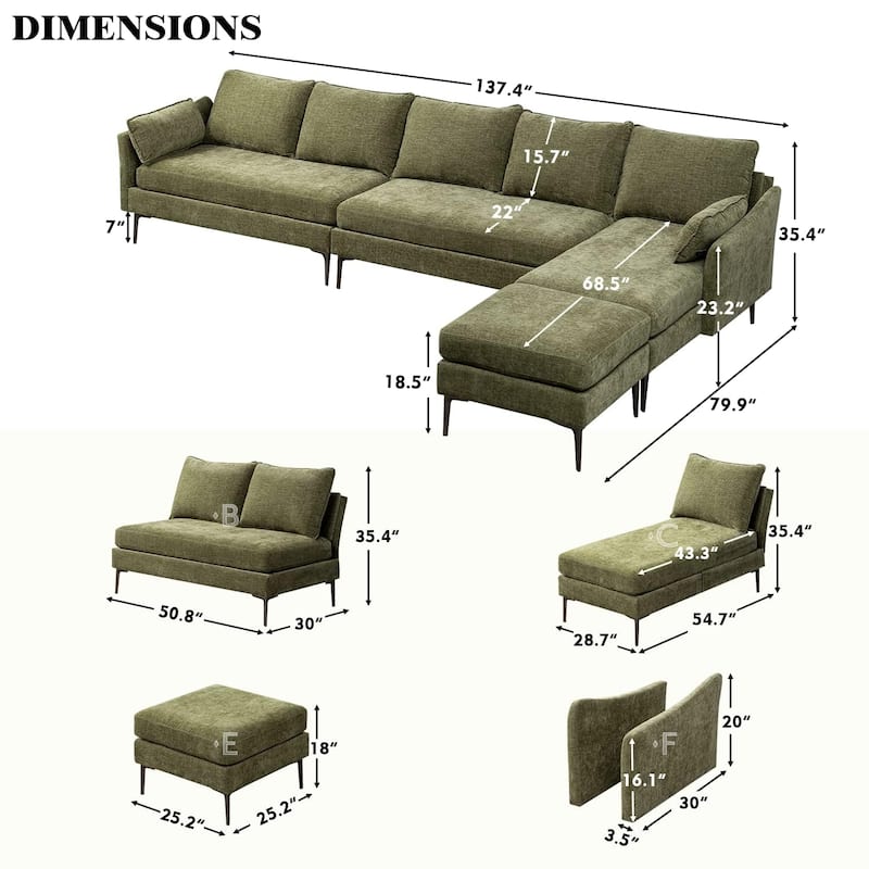 Modern Chenille Sectional Sofa with Reversible Chaise and Ottoman, Perfect for Living Rooms with Sleeper Function