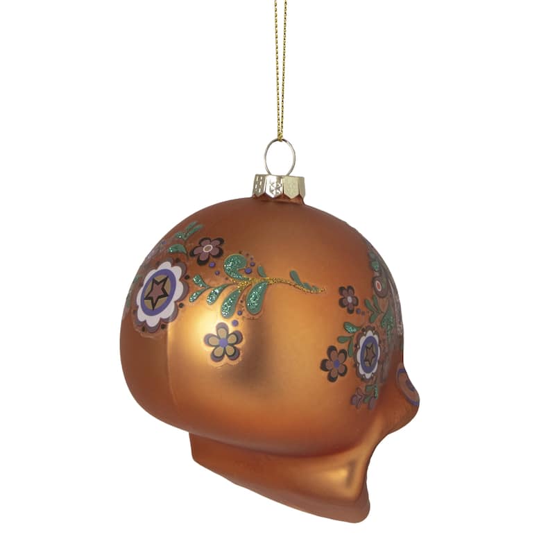 4" Orange Day of the Dead Glass Skull Ornament