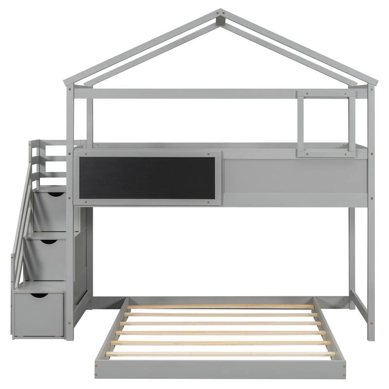 Twin Over Full House Bunk Bed With Storage Staircase And Blackboard