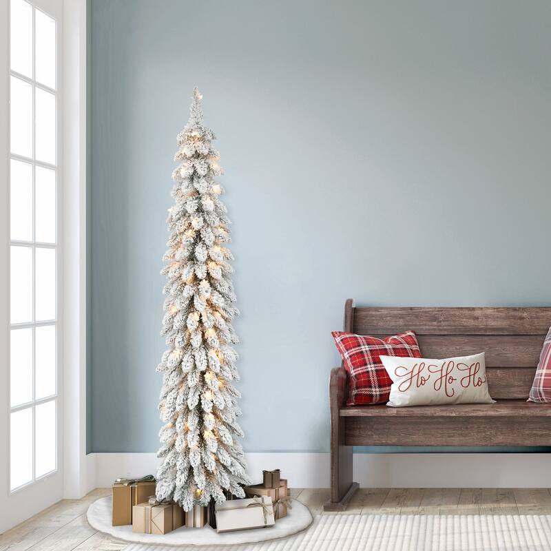 Puleo International 6' Pre-Lit Flocked Alpine Pencil Artificial Christmas Tree - 6