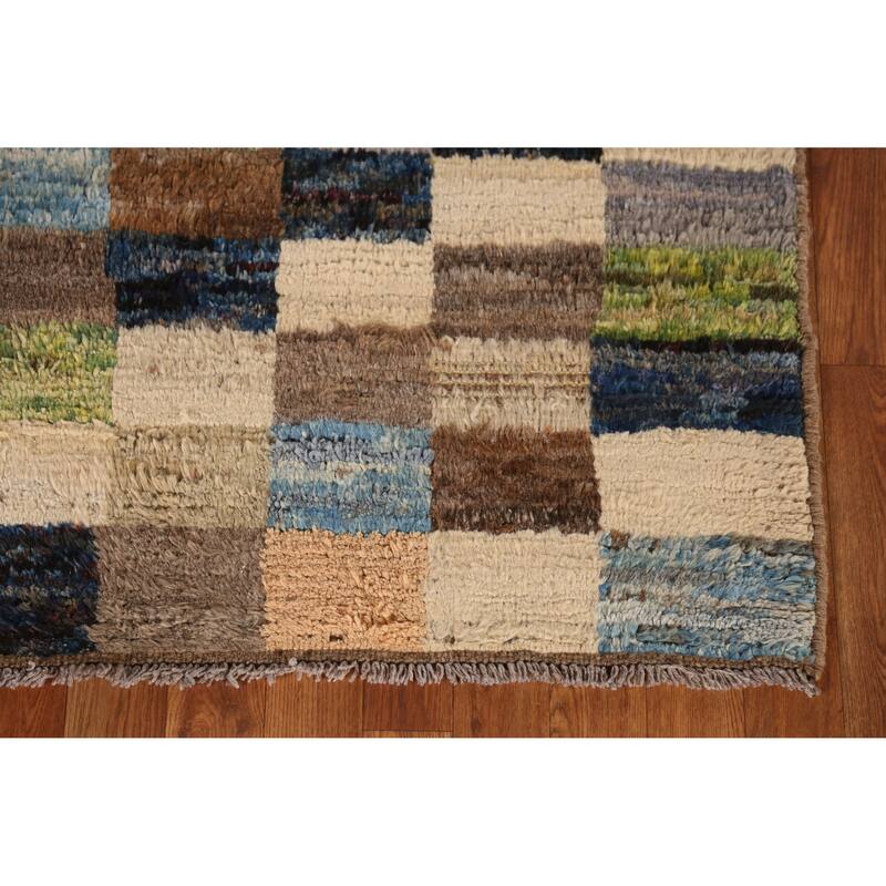 Checkered Moroccan Oriental Runner Rug Hand-Knotted Wool Carpet - 3'2" x 9'8"