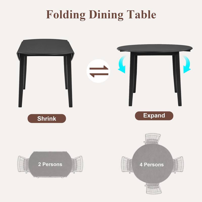 3-Piece Round Dining Table Set for 2 People, 1 Folding Wood Dining Table + 2 Upholstered Chairs, for Small Apartments