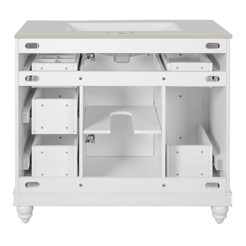 Bathroom Vanity Storage Cabinet with 4 Drawers, Removable Dividers, Adjustable U-shaped Shelf and Silver Handles