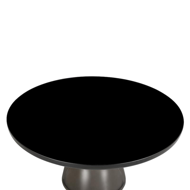 30-Inch Round Coffee Table Glass/Stone Tabletop with Black Iron Rim Frame Glass Pedestal Base