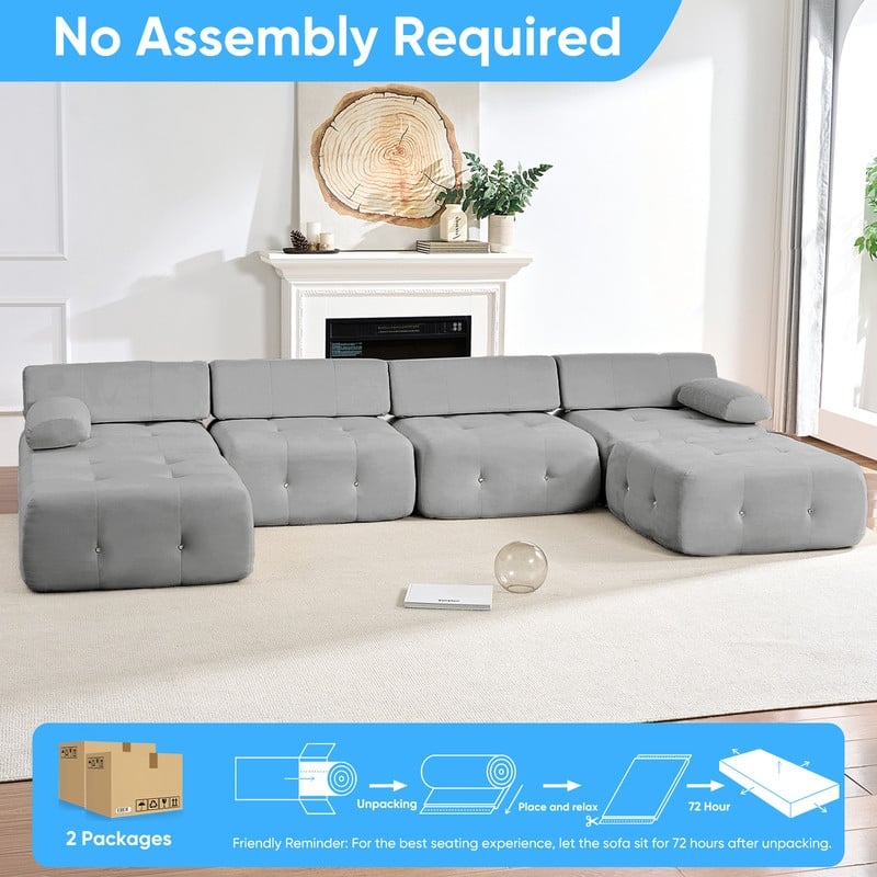 Mixoy Modular 134inch Modular Sectional Sofa with 2 Ottoman,Velvet U-Shaped Couch for Living Room - 133.9"w x 66.9"D x 24.8"H