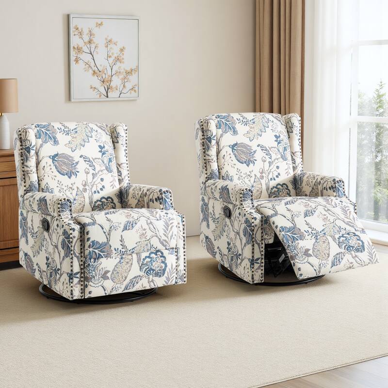 Floral Linen Manual Recliner Chair with Footrest set of 2 - PLANTS BLUE SWIVEL